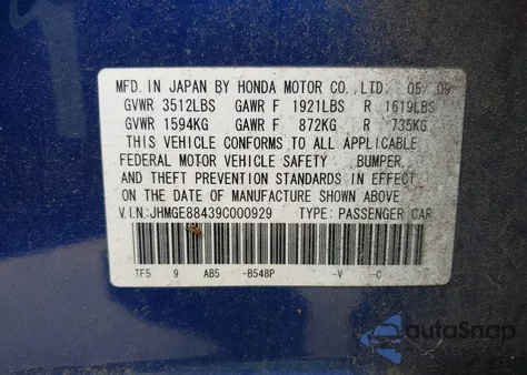 2009 Honda Fit Sport from USA, damaged, VIN JHMGE88439C000929